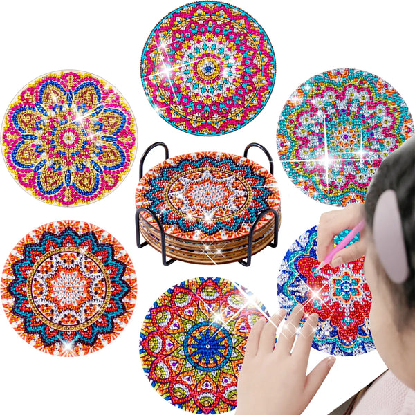 RUOPOTY 6pc/sets Diamond Painting Coasters with Holder Mandala Coasters DIY Diamond Art Crafts For Adults Diamond Kits